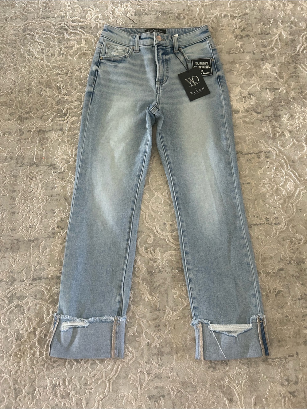 Risen Light Blue Skinny Jeans with Distressed Cuff